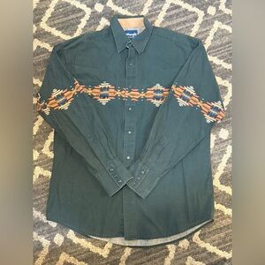 Wrangler Western Shirt Men Green Aztec Print Long Sleeve Cotton